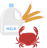 卵白、ミルク、小麦、ピーナッツ、ソバ、エビ、カニ