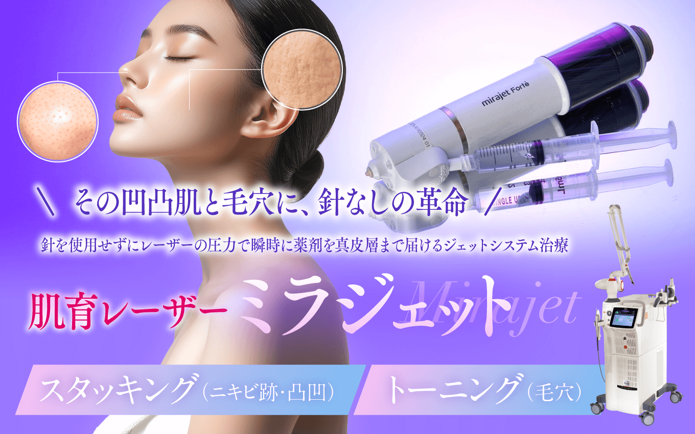 針を使用せずにレーザーの圧力で瞬時に薬剤を真皮層まで届けるジェットシステム治療　肌育レーザー　ミラジェット